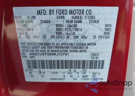 2009 Mercury Mariner Premier V6 из США, поврежденный, VIN 4M2CU97G09KJ13791